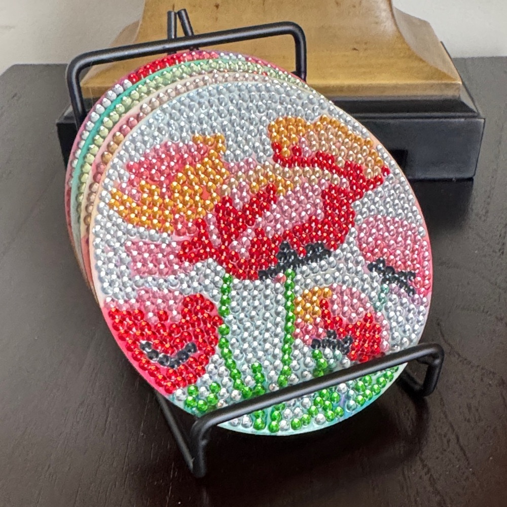 Handcrafted Floral Diamond Art Coasters - Set of 4 - Picture 6 of 6